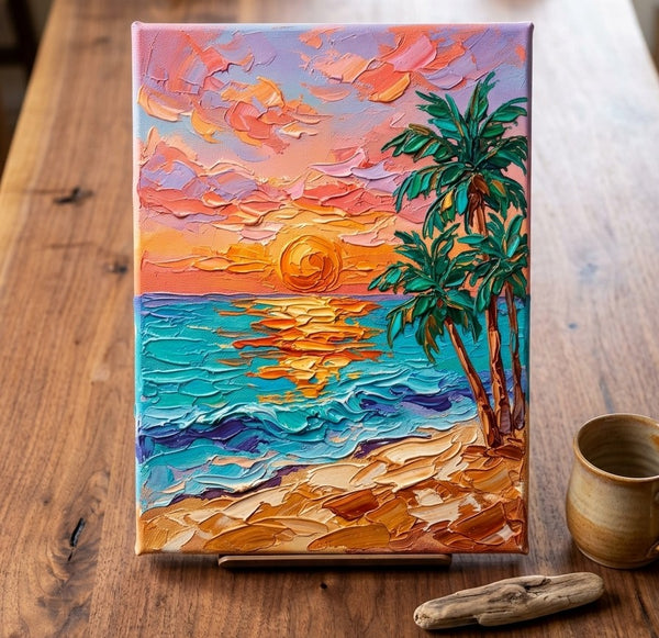Hand Painted Canvas Art, Small Art on Canvas, Seashore Palm Tree Sunset Painting, Original Acrylic Paintings, Impasto Artwork, Heavy Texture Painting, Original Lanscape Art