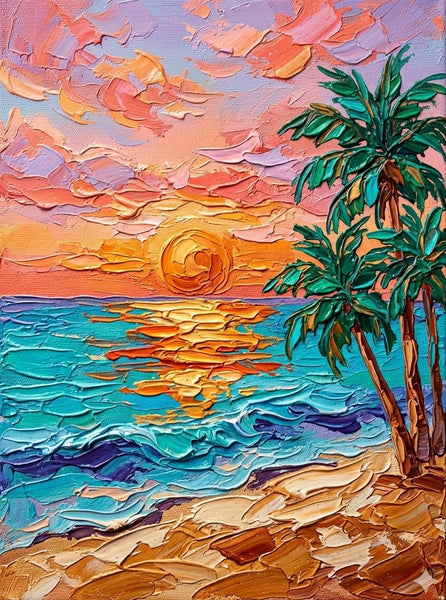 Hand Painted Canvas Art, Small Art on Canvas, Seashore Palm Tree Sunset Painting, Original Acrylic Paintings, Impasto Artwork, Heavy Texture Painting, Original Lanscape Art