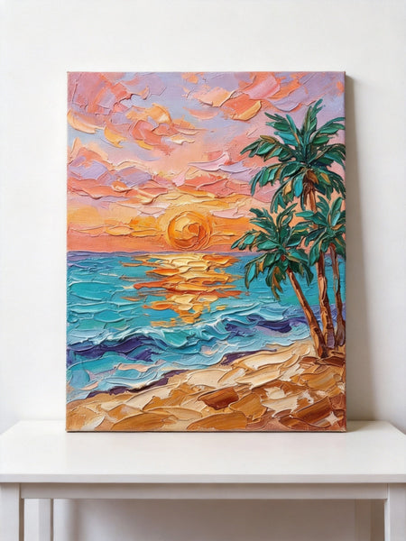 Hand Painted Canvas Art, Small Art on Canvas, Seashore Palm Tree Sunset Painting, Original Acrylic Paintings, Impasto Artwork, Heavy Texture Painting, Original Lanscape Art