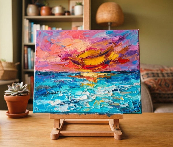 Small Art on Canvas, Seashore Sunset Painting, Hand Painted Canvas Art, Original Acrylic Paintings, Impasto Artwork, Heavy Texture Painting