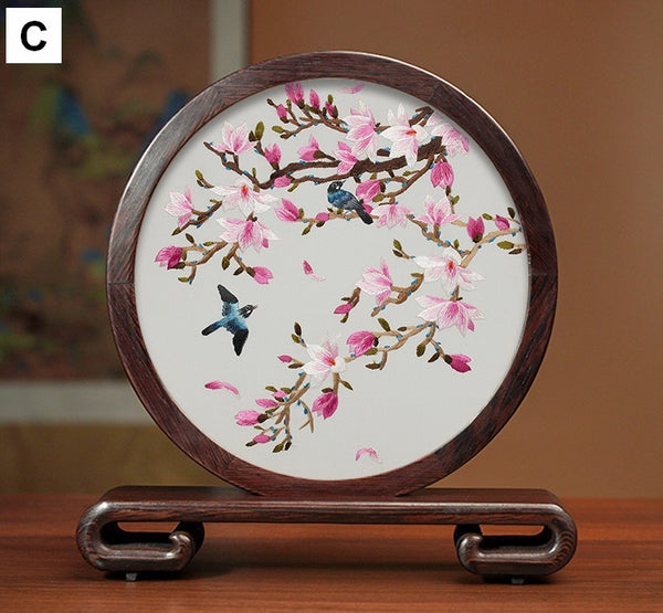 Creative Birthday Gift, Flower and Birds Embroidery Ornaments, Traditional Chinese Suzhou Silk Embroidered Ornament, Premium Souvenir, Exclusive Business Presents-Paintingforhome