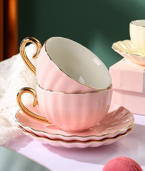 Macaroon Ceramic Coffee Cups, 6.8 oz Tea Cup and Saucer Set of 2 Cups in Gift Box as Birthday Gift, Beautiful Elegant British Tea Cups, Creative Porcelain Tea Cup Set-Paintingforhome