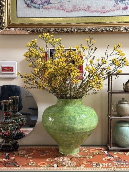 Modern Pottery Flower Vases, Handmade Water Holding Flower Vases, Pottery Bud Vases, Large Green Flower Vases on Table, Centerpiece on Dining Table-Paintingforhome