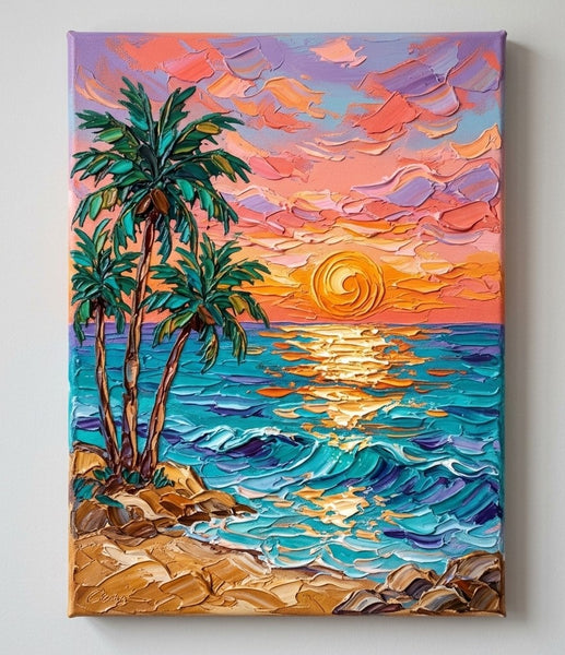 Small Art on Canvas, Seashore Palm Tree Sunset Painting, Hand Painted Canvas Art, Original Acrylic Paintings, Impasto Artwork, Heavy Texture Painting, Original Lanscape Art