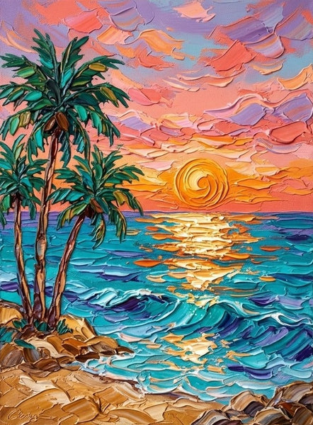Small Art on Canvas, Seashore Palm Tree Sunset Painting, Hand Painted Canvas Art, Original Acrylic Paintings, Impasto Artwork, Heavy Texture Painting, Original Lanscape Art