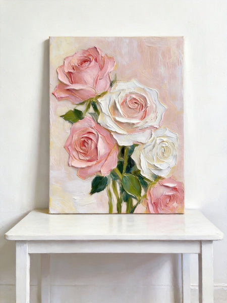 Original Still Life Paintings, Heavy Texture Canvas Art, Pink Rose Flower Painting, Original Flower Paintings, Small Canvas Artwork