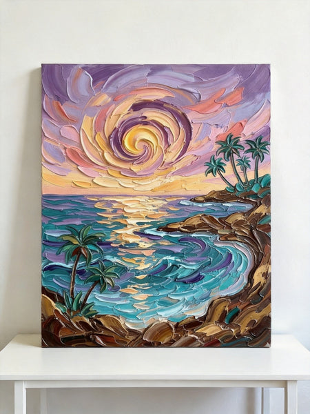 Small Art on Canvas, Seashore Palm Tree Sunrise Painting, Hand Painted Canvas Art, Original Acrylic Paintings, Impasto Artwork, Heavy Texture Painting, Original Lanscape Art