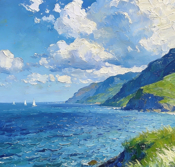 Small Wall Paintings, Coastal Seascape, Green Hills and Blue Waters, Impasto Artwork, On Canvas Small Paintings, Original Wall Art Paintings, Original Artwork Small Paintings, Small Landscape Paintings-Paintingforhome