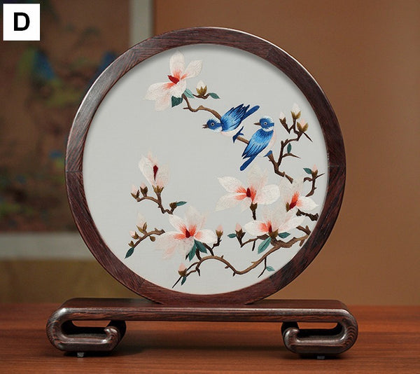 Creative Birthday Gift, Flower and Birds Embroidery Ornaments, Traditional Chinese Suzhou Silk Embroidered Ornament, Premium Souvenir, Exclusive Business Presents-Paintingforhome