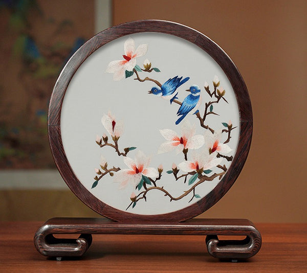 Traditional Chinese Suzhou Silk Embroidered Ornament, Premium Souvenir, Exclusive Business Presents, Creative Birthday Gift, Flower and Birds Embroidery Ornaments-Paintingforhome