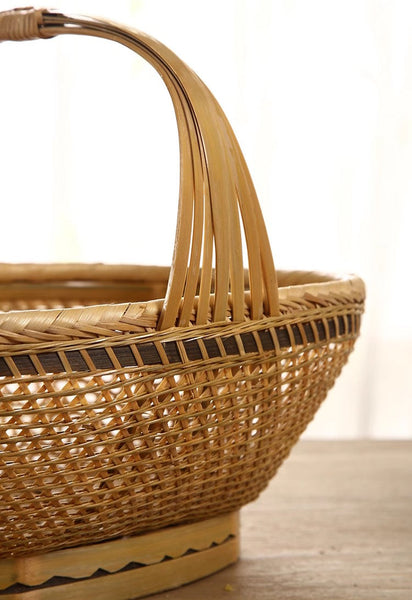Natural Hand-woven Bamboo Basket, Extra Large Picnic Food Basket with Handle, Lovely Bamboo Baskets for Vegetable, Natural Fruit Basket Kitchen Storage Baskets-Paintingforhome
