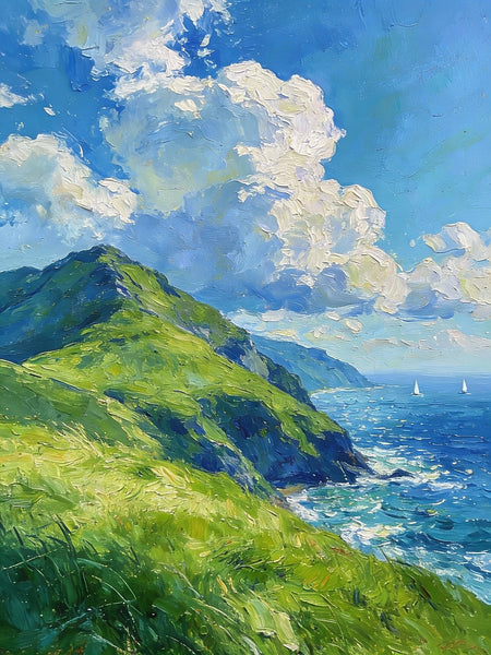 Seashore Paintings, Mountains Meet the Azure Sea, Heavy Texture Oil Paintings, On Canvas Small Paintings, Hand Painted Canvas Art, Original Small Paintings-Paintingforhome