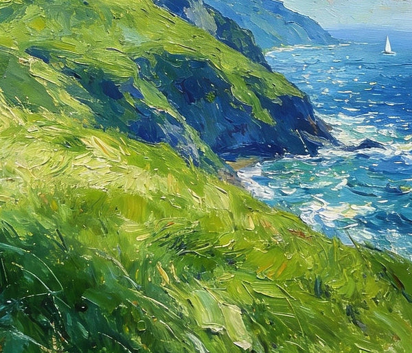 Seashore Paintings, Mountains Meet the Azure Sea, Heavy Texture Oil Paintings, On Canvas Small Paintings, Hand Painted Canvas Art, Original Small Paintings-Paintingforhome