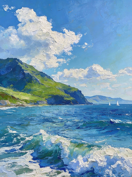 Coastal View, Mountains, Sea, and Clouds, Landscape Small Paintings, Original Artwork Small Paintings, Hand Painted Wall Art, Heavy Texture Oil Paintings, On Canvas Small Paintings-Paintingforhome