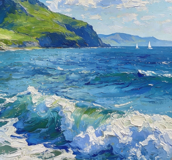 Coastal View, Mountains, Sea, and Clouds, Landscape Small Paintings, Original Artwork Small Paintings, Hand Painted Wall Art, Heavy Texture Oil Paintings, On Canvas Small Paintings-Paintingforhome