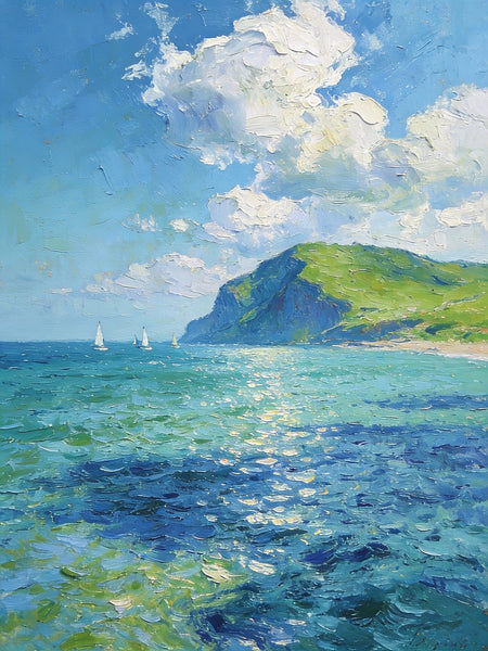 Sailboat in a Sheltered Bay, Landscape Small Paintings, Small Paintings on Wall, Original Small Paintings on Canvas, Heavy Texture Oil Paintings, Small Paintings on Canvas-Paintingforhome