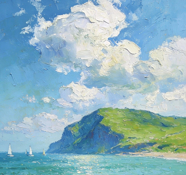 Sailboat in a Sheltered Bay, Landscape Small Paintings, Small Paintings on Wall, Original Small Paintings on Canvas, Heavy Texture Oil Paintings, Small Paintings on Canvas-Paintingforhome