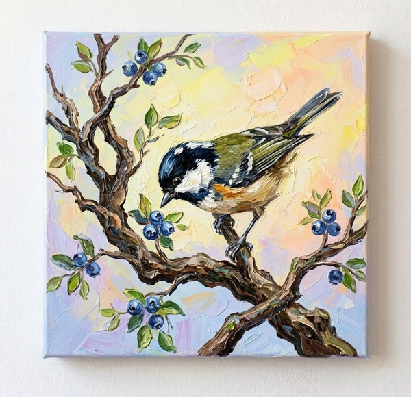 Titmice Bird Painting, Hand Painted Canvas Art, Small Art on Canvas, Original Acrylic Paintings, Impasto Artwork, Heavy Texture Painting, Ready to Hang