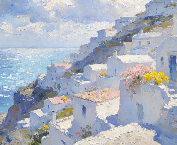 Santorini - White Villages by the Sea, Simple Painting Ideas, Small Wall Paintings, Landscape Canvas Paintings, On Canvas Small Paintings, Hand Painted Wall Art-Paintingforhome