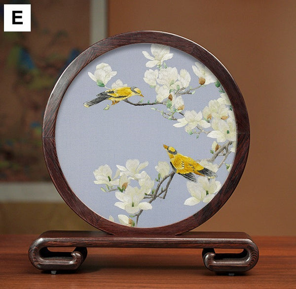 Creative Birthday Gift, Flower and Birds Embroidery Ornaments, Traditional Chinese Suzhou Silk Embroidered Ornament, Premium Souvenir, Exclusive Business Presents-Paintingforhome