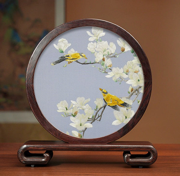 Creative Birthday Gift, Flower and Birds Embroidery Ornaments, Traditional Chinese Suzhou Silk Embroidered Ornament, Premium Souvenir, Exclusive Business Presents-Paintingforhome