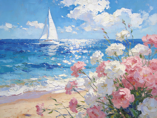 Blooms by the Shore, A Sailboat’s Journey, Simple Painting Ideas, Hand Painted Wall Art, Small Wall Paintings, Landscape Canvas Paintings, On Canvas Small Paintings-Paintingforhome