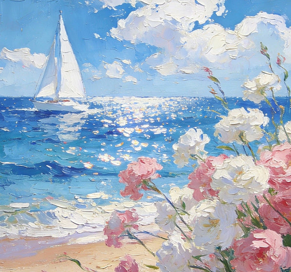 Blooms by the Shore, A Sailboat’s Journey, Simple Painting Ideas, Hand Painted Wall Art, Small Wall Paintings, Landscape Canvas Paintings, On Canvas Small Paintings-Paintingforhome