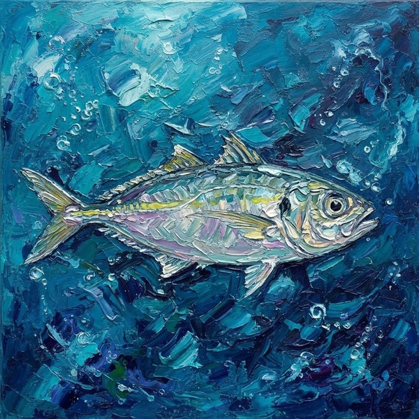 Small Art on Canvas, Blue Scad Fish Painting, Original Acrylic Paintings, Hand Painted Canvas Art, Heavy Texture Painting, Ready to Hang, Impasto Artwork