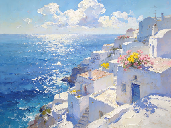 Small Wall Paintings, Santorini Impressions, White Villages by the Azure Sea, Simple Painting Ideas, Hand Painted Wall Art, Landscape Canvas Paintings, On Canvas Small Paintings-Paintingforhome