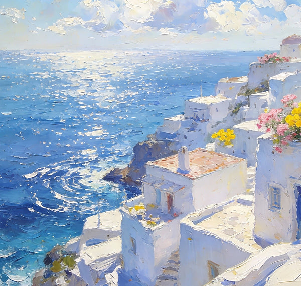 Small Wall Paintings, Santorini Impressions, White Villages by the Azure Sea, Simple Painting Ideas, Hand Painted Wall Art, Landscape Canvas Paintings, On Canvas Small Paintings-Paintingforhome