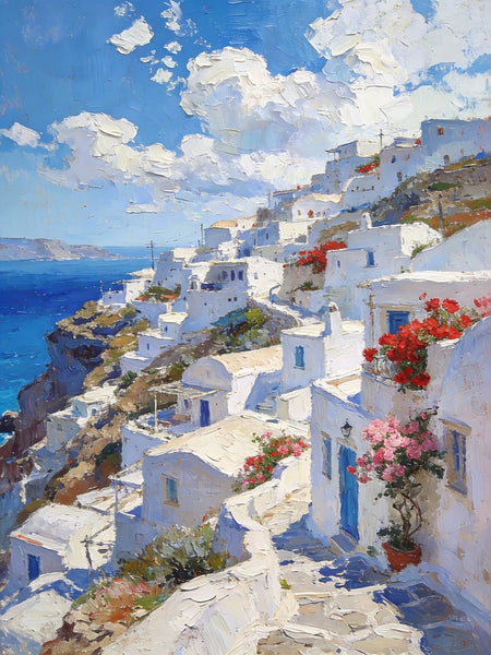 Cliffside Village, A Glimpse of the Aegean, Original Artwork Small Paintings, Hand Painted Canvas Art, On Canvas Small Paintings, Palette Knife Artwork, Landscape Canvas Paintings-Paintingforhome