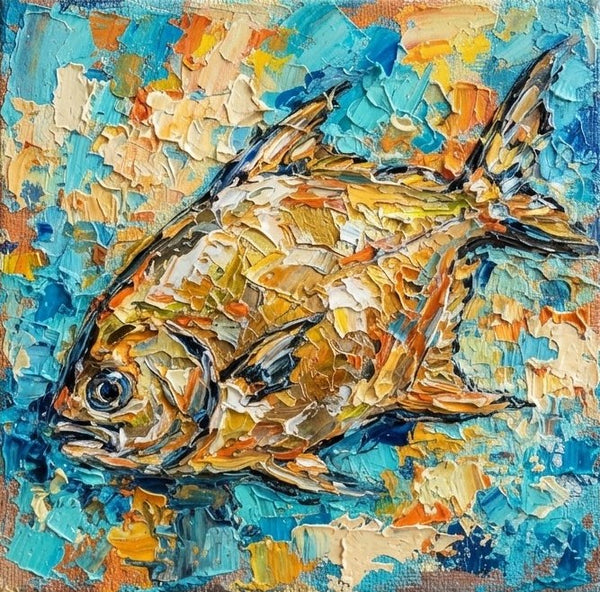 Golden Pomfret Fish Painting, Small Art on Canvas, Ready to Hang Artwork, Original Acrylic Paintings, Heavy Texture Painting, Impasto Artwork, Hand Painted Canvas Art