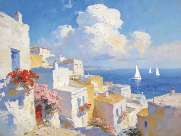Small Paintings On Canvas, Coastal Santorini, A Vibrant Scene with Sailboats and Villages, Simple Painting Ideas, Hand Painted Wall Art, Small Wall Paintings, Landscape Canvas Paintings-Paintingforhome