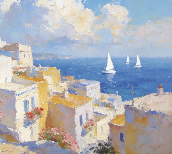 Small Paintings On Canvas, Coastal Santorini, A Vibrant Scene with Sailboats and Villages, Simple Painting Ideas, Hand Painted Wall Art, Small Wall Paintings, Landscape Canvas Paintings-Paintingforhome