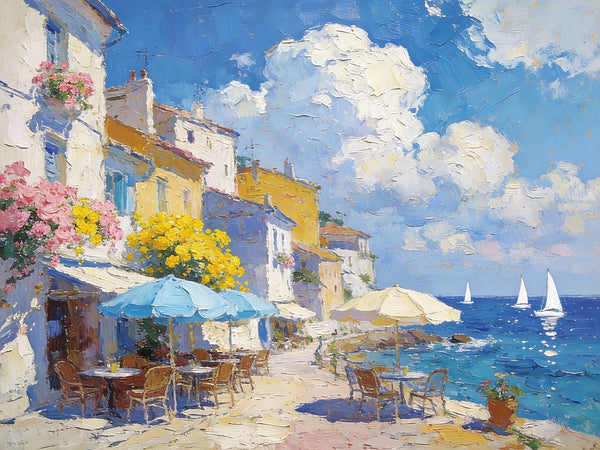 Small Paintings on Canvas, A Seaside Cafe, Summer Resort, Hand Painted Canvas Art, Impasto Artwork, Original Oil Paintings, Small Landscape Paintings on Wall-Paintingforhome