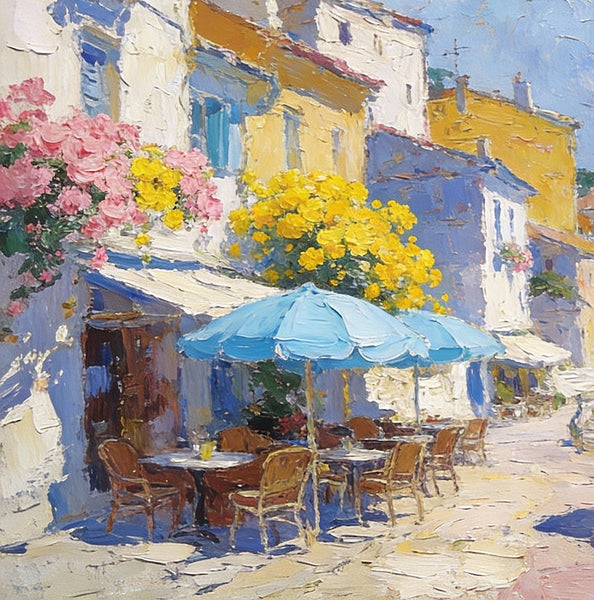 Small Paintings on Canvas, A Seaside Cafe, Summer Resort, Hand Painted Canvas Art, Impasto Artwork, Original Oil Paintings, Small Landscape Paintings on Wall-Paintingforhome