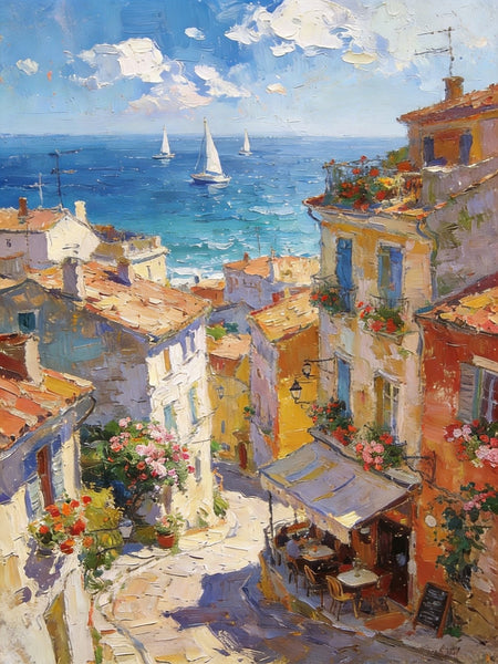 Impasto Wall Art Paintings, A Leisurely Town by the Mediterranean, Landscape Oil Paintings, Original Small Paintings on Canvas, Heavy Texture Oil Paintings, On Canvas Small Paintings-Paintingforhome