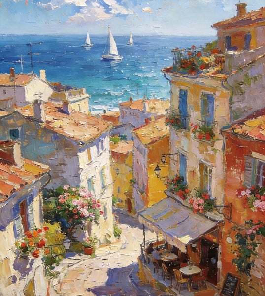 Impasto Wall Art Paintings, A Leisurely Town by the Mediterranean, Landscape Oil Paintings, Original Small Paintings on Canvas, Heavy Texture Oil Paintings, On Canvas Small Paintings-Paintingforhome