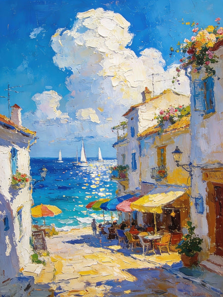 Small Paintings On Canvas, Vibrant Coastal Village, Colorful Houses by the Sea, Hand Painted Canvas Art, Landscape Oil Paintings, Original Artwork Small Paintings on Wall-Paintingforhome