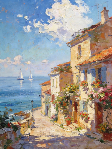 On Canvas Small Paintings, Sunlit Coastal Town, Flower-Adorned Streets and Sailboats, Hand Painted Canvas Art, Original Artwork Small Paintings on Wall, Landscape Oil Paintings-Paintingforhome