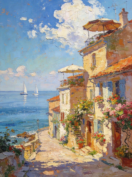 On Canvas Small Paintings, Sunlit Coastal Town, Flower-Adorned Streets and Sailboats, Hand Painted Canvas Art, Original Artwork Small Paintings on Wall, Landscape Oil Paintings-Paintingforhome