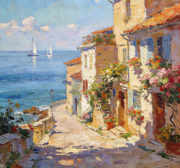 On Canvas Small Paintings, Sunlit Coastal Town, Flower-Adorned Streets and Sailboats, Hand Painted Canvas Art, Original Artwork Small Paintings on Wall, Landscape Oil Paintings-Paintingforhome