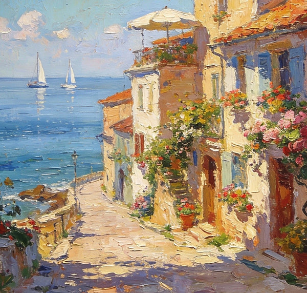 On Canvas Small Paintings, Sunlit Coastal Town, Flower-Adorned Streets and Sailboats, Hand Painted Canvas Art, Original Artwork Small Paintings on Wall, Landscape Oil Paintings-Paintingforhome