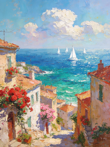 Coastal Town with Sailboats, A Vibrant Mediterranean Scene, Original Artwork Small Paintings, Hand Painted Canvas Art, Heavy Texture Wall Art Paintings, On Canvas Small Paintings-Paintingforhome