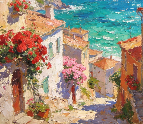 Coastal Town with Sailboats, A Vibrant Mediterranean Scene, Original Artwork Small Paintings, Hand Painted Canvas Art, Heavy Texture Wall Art Paintings, On Canvas Small Paintings-Paintingforhome