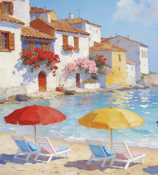 Landscape Oil Paintings, Coastal Town with Colorful Umbrellas, Small Paintings on Canvas, Original Canvas Paintings, Heavy Texture Artwork, Hand Painted Wall Art-Paintingforhome