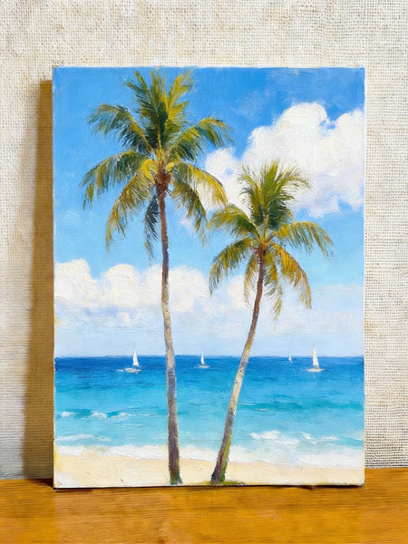 Original Seascape Paintings, Blue Sea and Coconut Trees, Hand Painted Canvas Art, Small Canvas Artwork, Original Oil Paintings, Buy Small Paintings Online-Paintingforhome