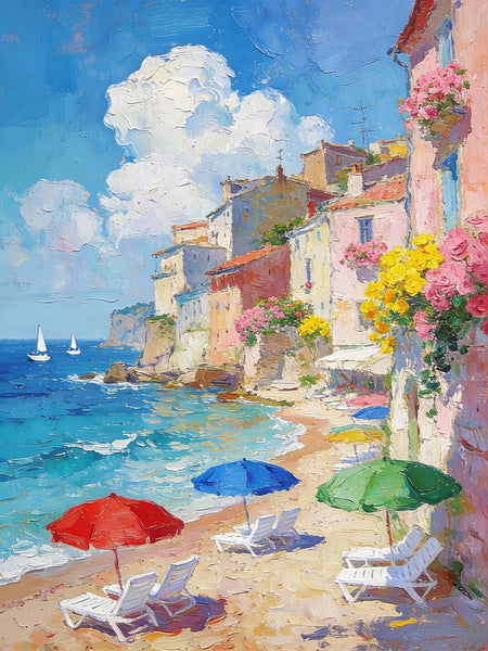 Summer by the Shore, Seashore Beach Painting, Small Landscape Paintings, Impasto Paintings, Small Paintings on Canvas, Palette Knife Wall Art, Original Small Paintings on Canvas-Paintingforhome