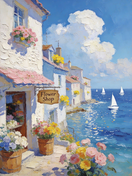 Original Small Paintings, Seaside Flower Shop in Summer, Impasto Paintings, Small Oil Paintings, Small Wall Art Paintings, Landscape Canvas Paintings-Paintingforhome