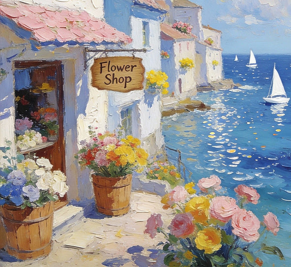 Original Small Paintings, Seaside Flower Shop in Summer, Impasto Paintings, Small Oil Paintings, Small Wall Art Paintings, Landscape Canvas Paintings-Paintingforhome